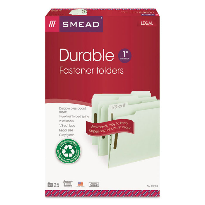 Recycled Pressboard Fastener Folders, 1/3-Cut Tab: Assorted, Expands 1", 2 Fasteners, Legal Size, Gray-Green, 25/Box