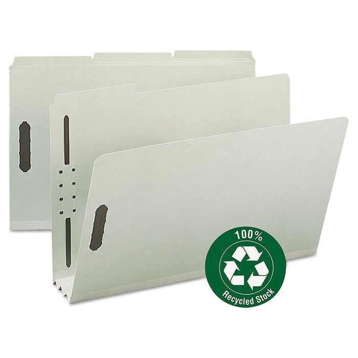 Recycled Pressboard Fastener Folders, 1/3-Cut Tab: Assorted, Expands 3", 2 Fasteners, Legal Size, Gray-Green, 25/Box
