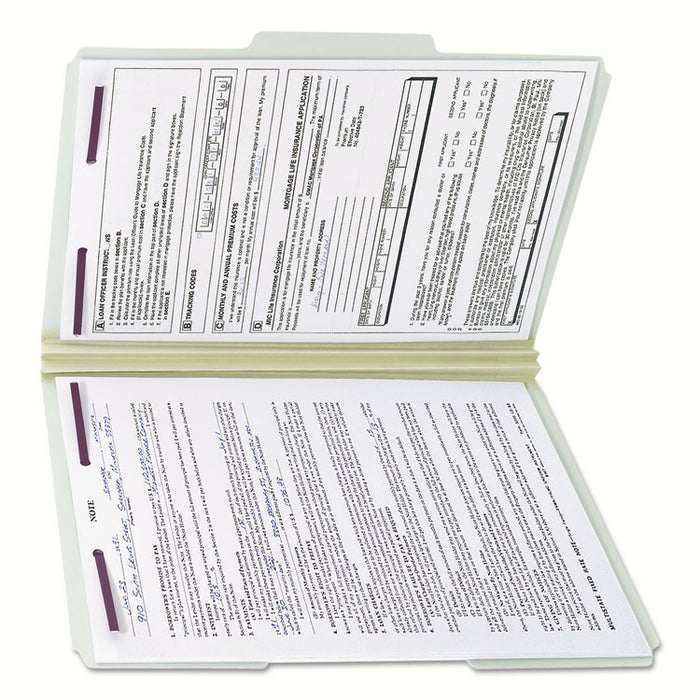 Recycled Pressboard Fastener Folders, 1/3 Tab: Assorted, Expands 2", 2 SafeSHIELD Fasteners, Legal Size, Gray-Green, 25/Box