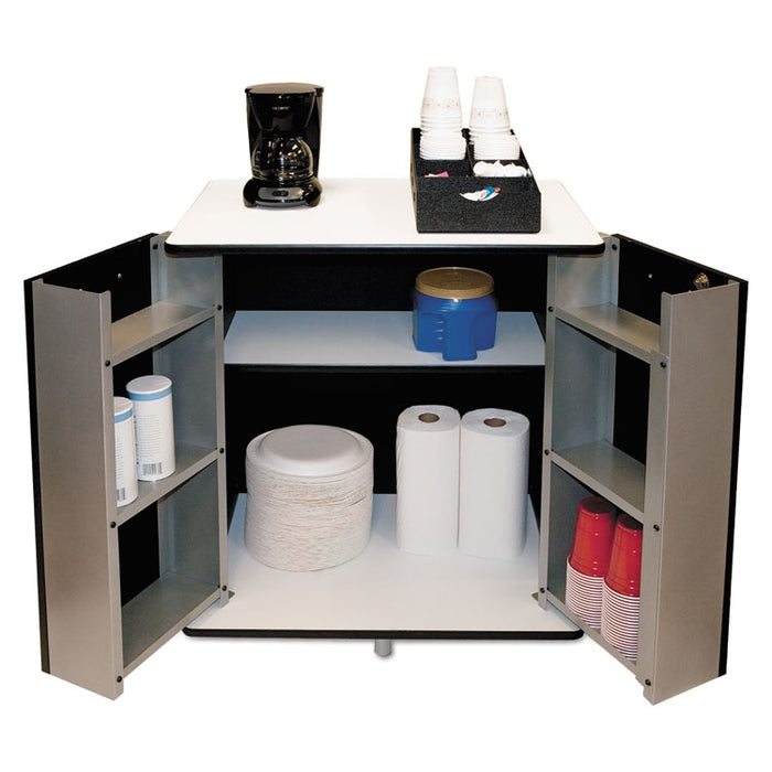 Refreshment Stand, Engineered Wood, 9 Shelves, 29.5" x 21" x 33", White/Black