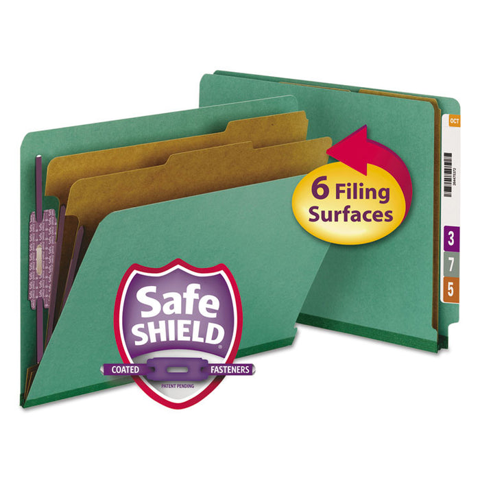 End Tab Pressboard Classification Folders, Expands 2", 2 Dividers, 6 SafeSHIELD Fasteners, Letter Size, Green, 10/Box