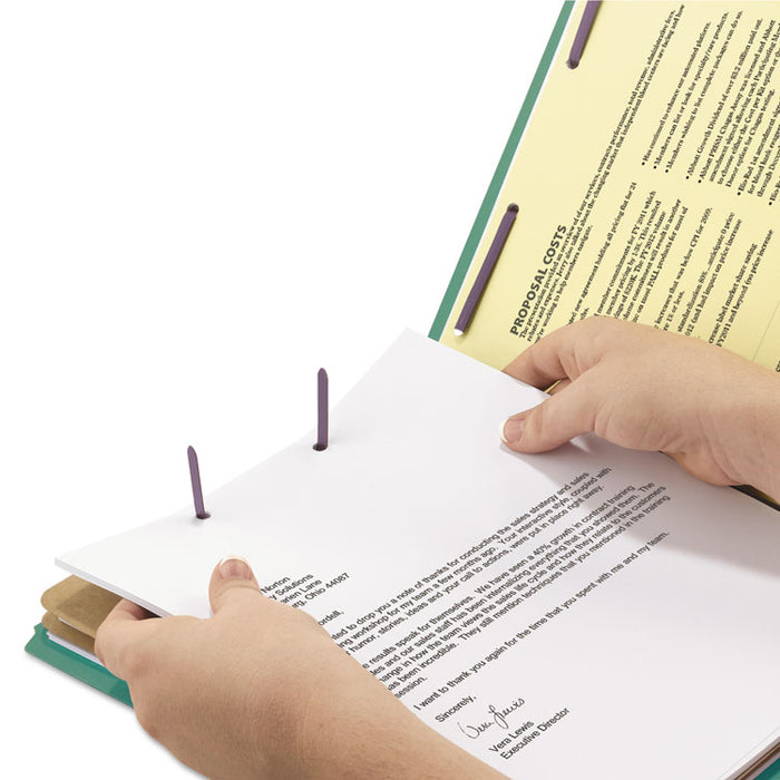 End Tab Pressboard Classification Folders, Expands 2", 2 Dividers, 6 SafeSHIELD Fasteners, Letter Size, Green, 10/Box