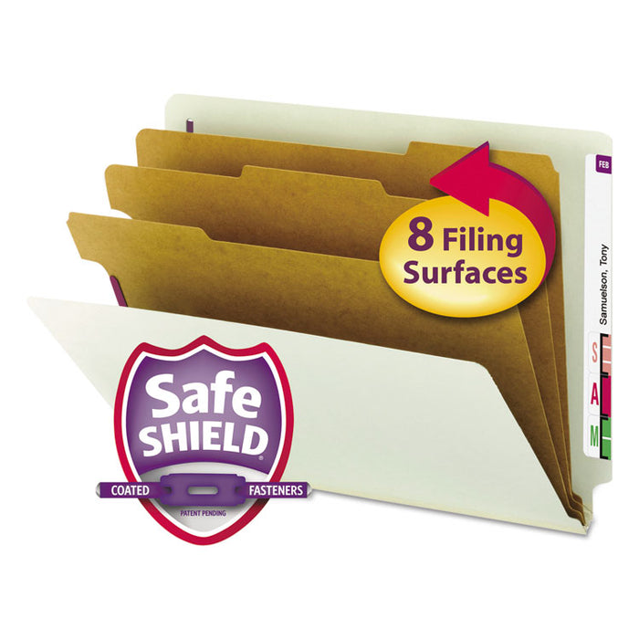 End Tab Pressboard Classification Folders, Expands 3", 3 Dividers, 8 SafeSHIELD Fasteners, Letter Size, Gray-Green, 10/Box