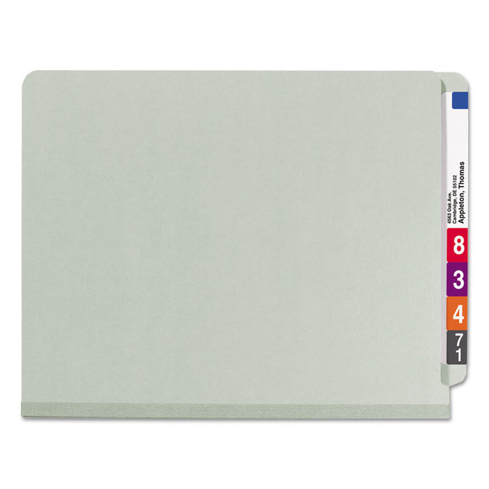 End Tab Pressboard Classification Folders, Expands 3", 3 Dividers, 8 SafeSHIELD Fasteners, Letter Size, Gray-Green, 10/Box