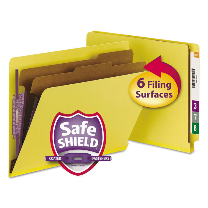 End Tab Pressboard Classification Folders, Expands 2", 2 Dividers, 6 SafeSHIELD Fasteners, Letter Size, Yellow, 10/Box
