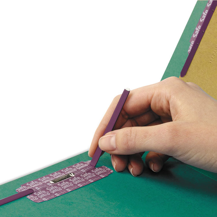 End Tab Pressboard Classification Folders, Expands 2", 2 Dividers, 6 SafeSHIELD Fasteners, Letter Size, Green, 10/Box