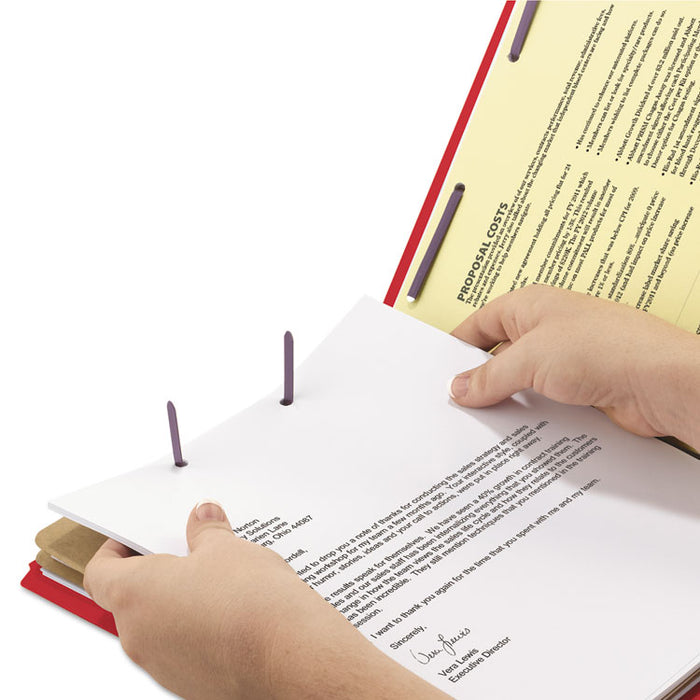End Tab Pressboard Classification Folders, Expands 2", 2 Dividers, 6 SafeSHIELD Fasteners, Legal Size, Bright Red, 10/Box