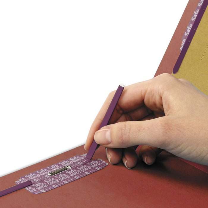 End Tab Pressboard Classification Folders, Expands 2", 2 Dividers, 6 SafeSHIELD Fasteners, Legal Size, Red, 10/Box