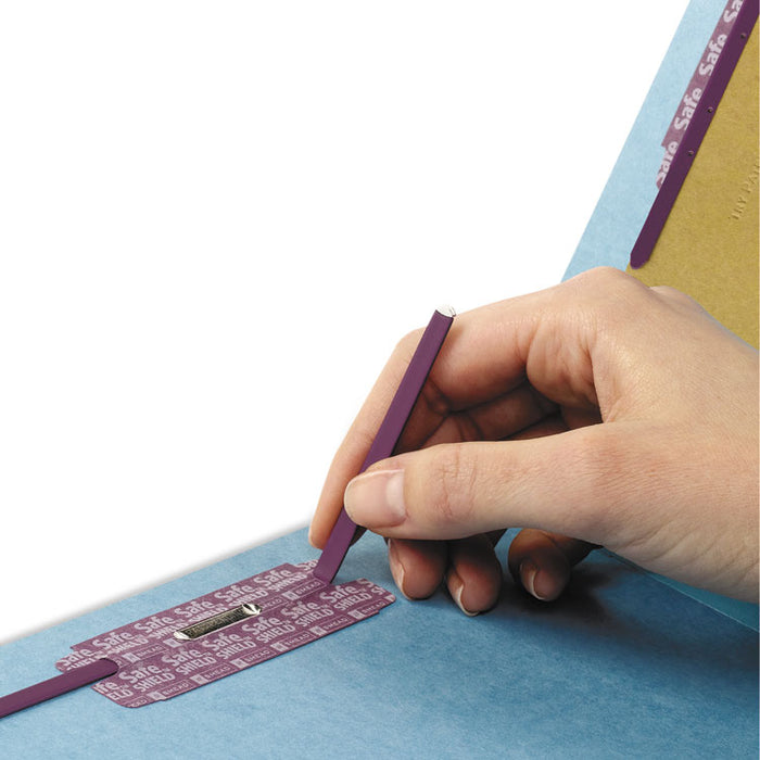 End Tab Pressboard Classification Folders, Expands 2", 2 Dividers, 6 SafeSHIELD Fasteners, Legal Size, Blue, 10/Box