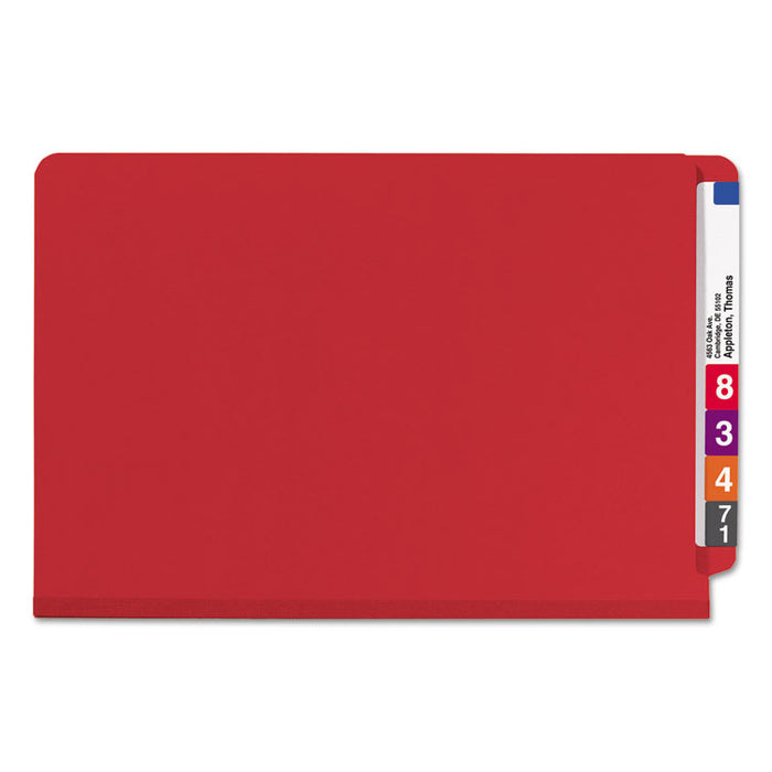 End Tab Pressboard Classification Folders, Expands 2", 2 Dividers, 6 SafeSHIELD Fasteners, Legal Size, Bright Red, 10/Box