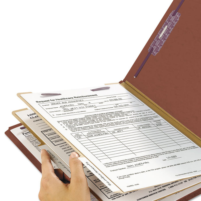 End Tab Pressboard Classification Folders, Expands 2", 2 Dividers, 6 SafeSHIELD Fasteners, Legal Size, Red, 10/Box