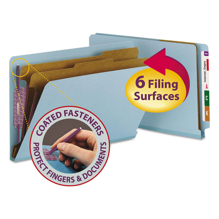 End Tab Pressboard Classification Folders, Expands 2", 2 Dividers, 6 SafeSHIELD Fasteners, Legal Size, Blue, 10/Box