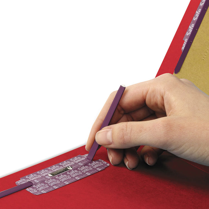 End Tab Pressboard Classification Folders, Expands 2", 2 Dividers, 6 SafeSHIELD Fasteners, Legal Size, Bright Red, 10/Box