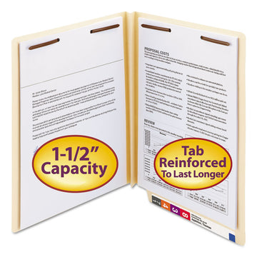 Manila End Tab Fastener Folders, W-Fold Design, Reinforced Straight Tab, Expand 1.5", 2 Fasteners, Letter Size, Manila, 50/BX