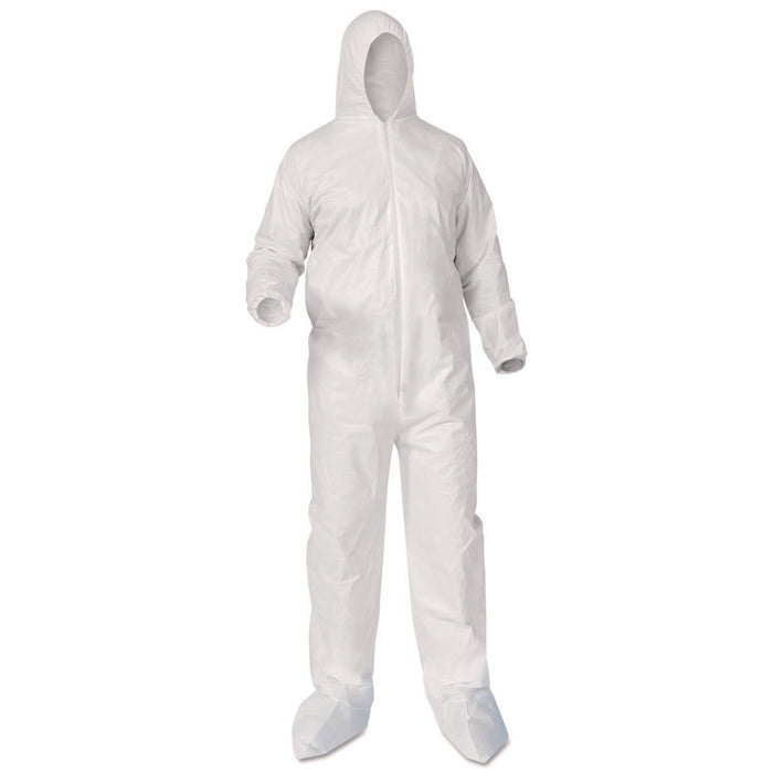 A35 Liquid and Particle Protection Coveralls, Zipper Front, Hood/Boots, Elastic Wrists/Ankles, Large, White, 25/Carton