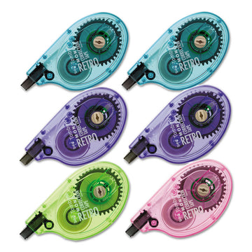 MONO Original Correction Tape, Non-Refillable, 0.17" x 32.83 ft, White Tape, Assorted Dispenser Colors, 6/Box