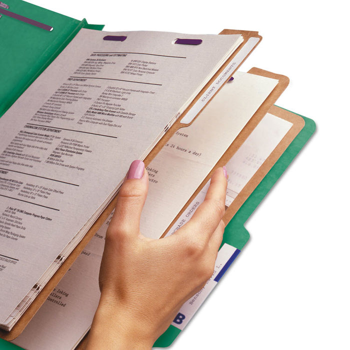 Pressboard Top Tab Classification Folders, 2/5 Tab, Expands 3", 3 Dividers, 8 SafeSHIELD Fasteners, Legal Size, Green, 10/Box