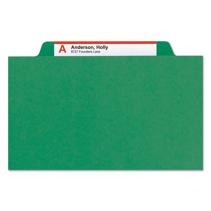 Pressboard Top Tab Classification Folders, 2/5 Tab, Expands 3", 3 Dividers, 8 SafeSHIELD Fasteners, Legal Size, Green, 10/Box