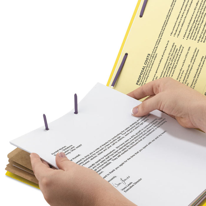 Pressboard Top Tab Classification Folder, 2/5 Tab, Expands 3", 3 Dividers, 8 SafeSHIELD Fasteners, Letter Size, Yellow, 10/BX