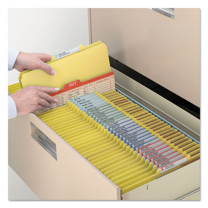Pressboard Top Tab Classification Folder, 2/5 Tab, Expands 3", 3 Dividers, 8 SafeSHIELD Fasteners, Letter Size, Yellow, 10/BX