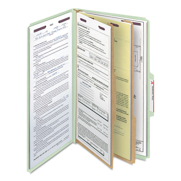 Pressboard Classification Folders, 2/5 Tab, Expands 2", 2 Dividers, 6 SafeSHIELD Fasteners, Legal Size, Gray-Green, 10/Box