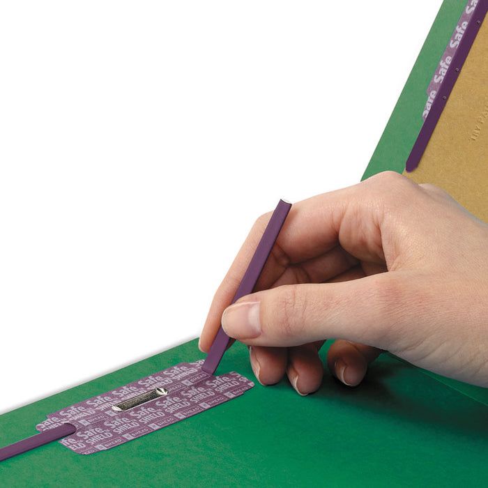Pressboard Top Tab Classification Folders, 2/5 Tab, Expands 3", 3 Dividers, 8 SafeSHIELD Fasteners, Legal Size, Green, 10/Box