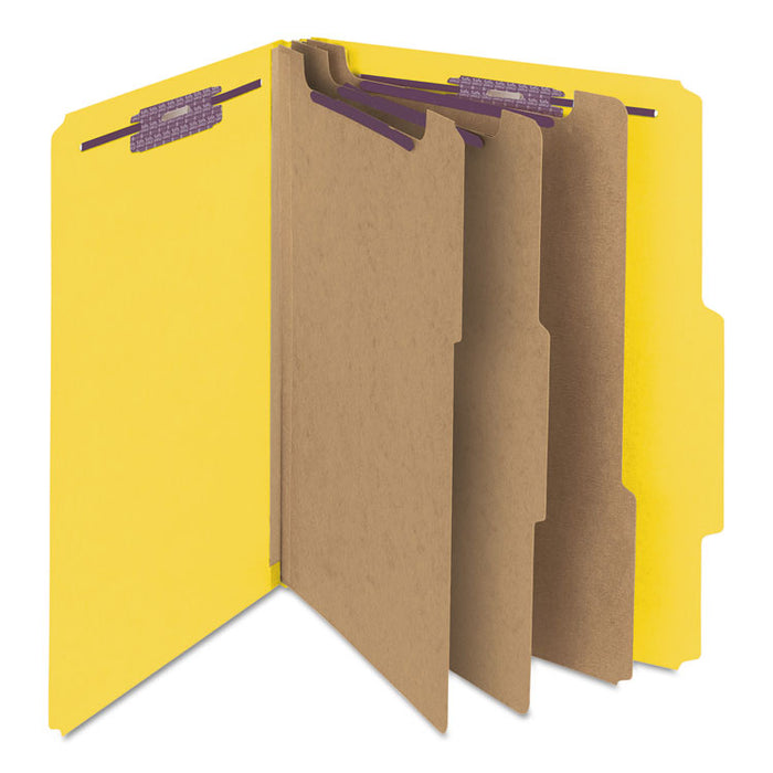 Pressboard Top Tab Classification Folder, 2/5 Tab, Expands 3", 3 Dividers, 8 SafeSHIELD Fasteners, Letter Size, Yellow, 10/BX