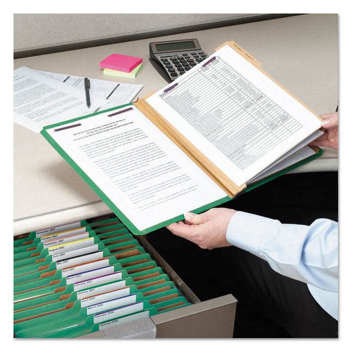 Pressboard Top Tab Classification Folders, 2/5 Tab, Expands 3", 3 Dividers, 8 SafeSHIELD Fasteners, Legal Size, Green, 10/Box