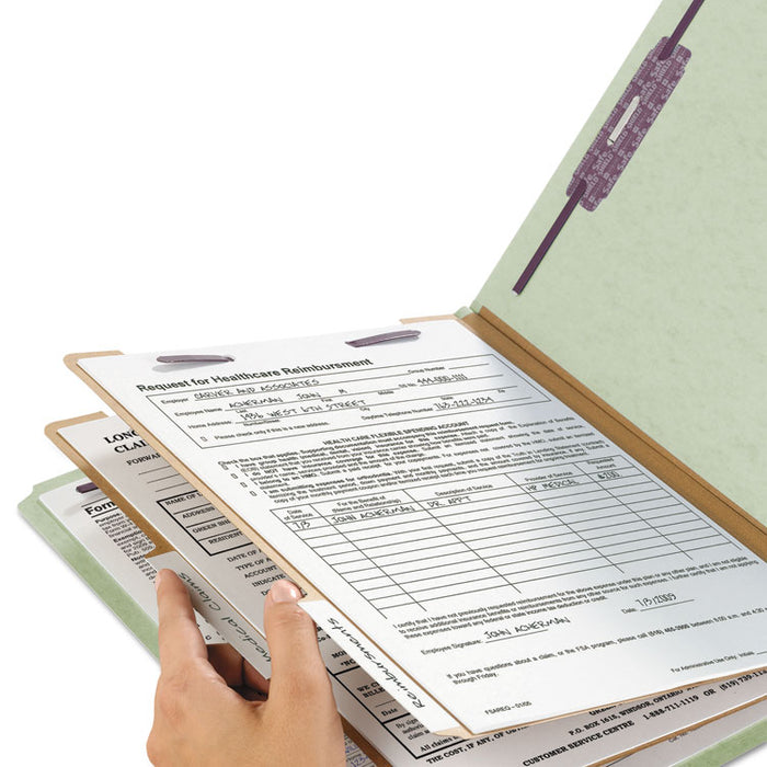Pressboard Classification Folders, 2/5 Tab, Expands 2", 2 Dividers, 6 SafeSHIELD Fasteners, Legal Size, Gray-Green, 10/Box