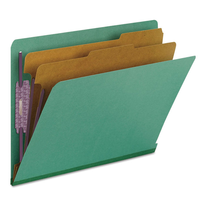End Tab Pressboard Classification Folders, Expands 2", 2 Dividers, 6 SafeSHIELD Fasteners, Letter Size, Green, 10/Box