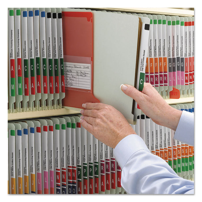 End Tab Pressboard Classification Folders, Expands 3", 3 Dividers, 8 SafeSHIELD Fasteners, Letter Size, Gray-Green, 10/Box