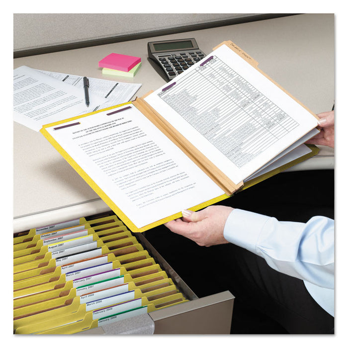 Pressboard Top Tab Classification Folder, 2/5 Tab, Expands 3", 3 Dividers, 8 SafeSHIELD Fasteners, Letter Size, Yellow, 10/BX