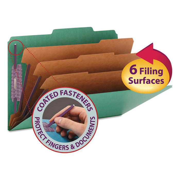 Pressboard Top Tab Classification Folders, 2/5 Tab, Expands 3", 3 Dividers, 8 SafeSHIELD Fasteners, Legal Size, Green, 10/Box