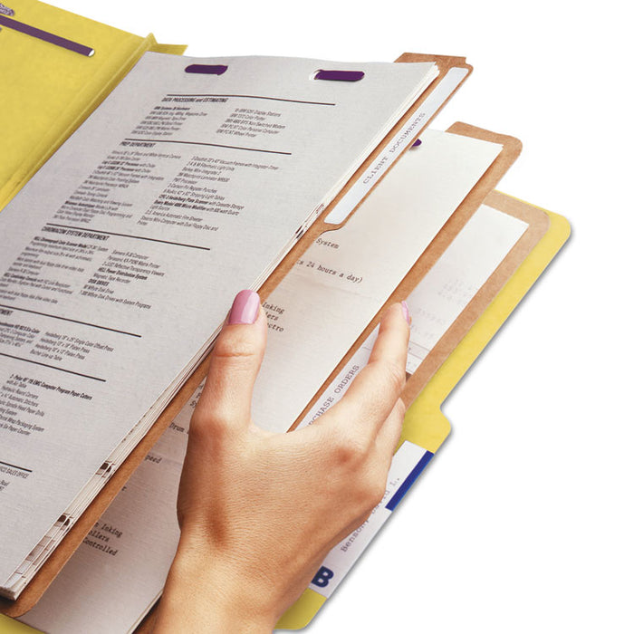 Pressboard Top Tab Classification Folder, 2/5 Tab, Expands 3", 3 Dividers, 8 SafeSHIELD Fasteners, Letter Size, Yellow, 10/BX