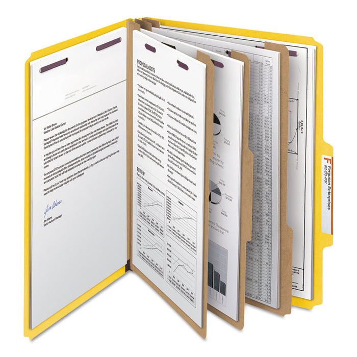 Pressboard Top Tab Classification Folder, 2/5 Tab, Expands 3", 3 Dividers, 8 SafeSHIELD Fasteners, Letter Size, Yellow, 10/BX