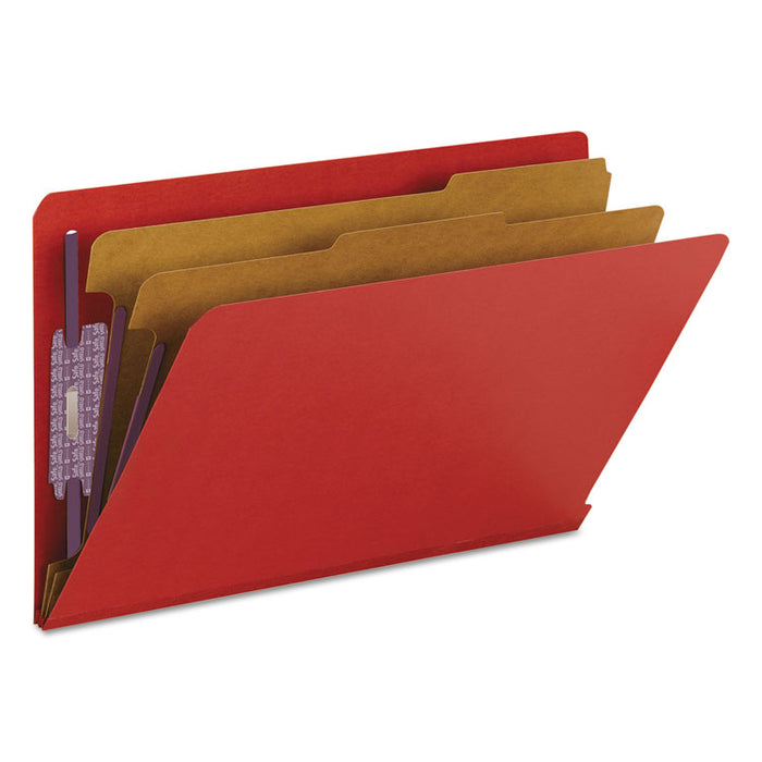 End Tab Pressboard Classification Folders, Expands 2", 2 Dividers, 6 SafeSHIELD Fasteners, Legal Size, Bright Red, 10/Box