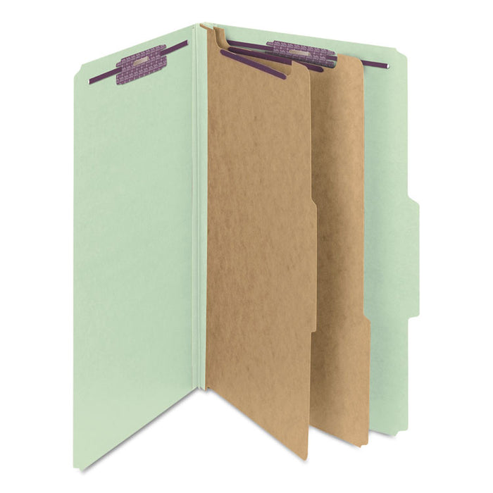 Pressboard Classification Folders, 2/5 Tab, Expands 2", 2 Dividers, 6 SafeSHIELD Fasteners, Legal Size, Gray-Green, 10/Box