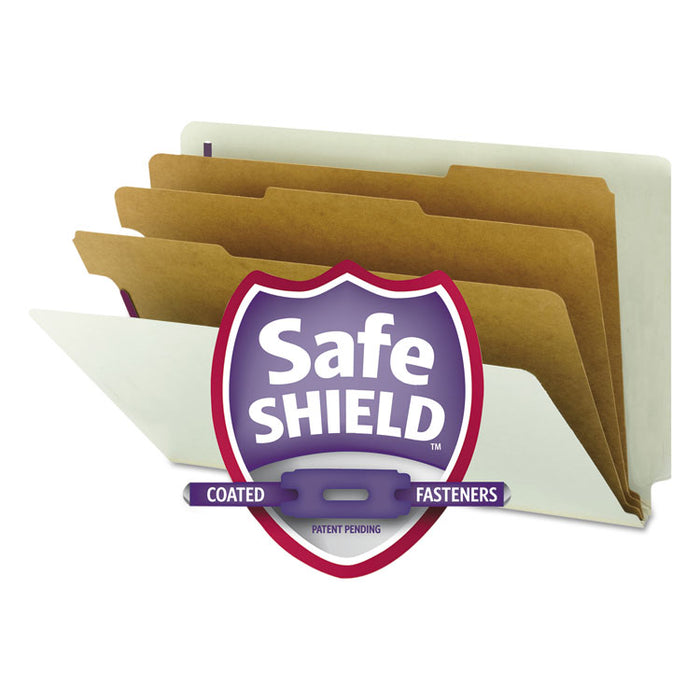 End Tab Pressboard Classification Folders, Expands 3", 3 Dividers, 8 SafeSHIELD Fasteners, Legal Size, Gray-Green, 10/Box