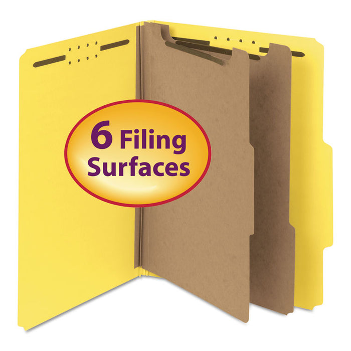 Recycled Pressboard Classification Folders, 2/5-Cut Tab, Expands 2", 2 Dividers, 6 Fasteners, Letter Size, Yellow, 10/BX