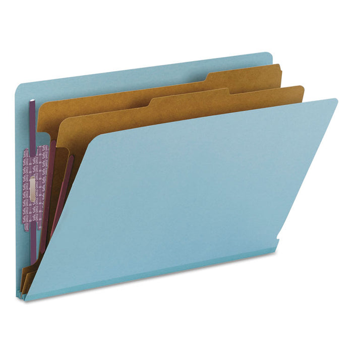 End Tab Pressboard Classification Folders, Expands 2", 2 Dividers, 6 SafeSHIELD Fasteners, Legal Size, Blue, 10/Box