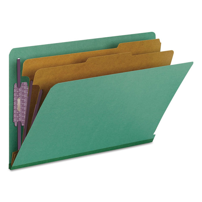 End Tab Pressboard Classification Folders, Expands 2", 2 Dividers, 6 SafeSHIELD Fasteners, Legal Size, Green, 10/Box