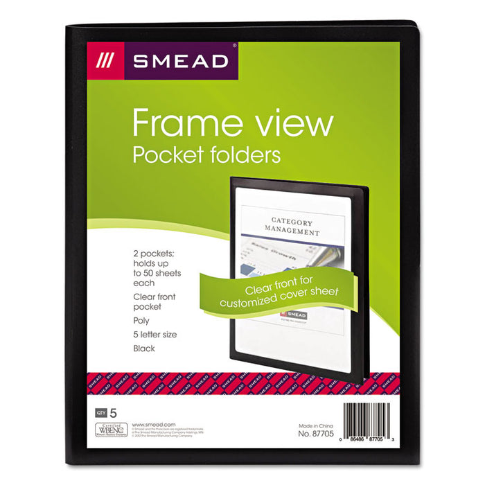 Frame View Poly Two-Pocket Folder, Accommodates (100) 11 x 8.5 Sheets, Clear/Black, 5/Pack