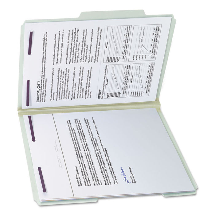 Recycled Pressboard Fastener Folders, 2/5 Tab: R of C, Expands 2", 2 SafeSHIELD Fasteners, Letter Size, Gray-Green, 25/Box