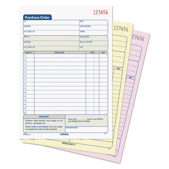 Purchase Order Book, 15 Lines, Three-Part Carbonless, 5.56 x 8.44, 50 Forms Total