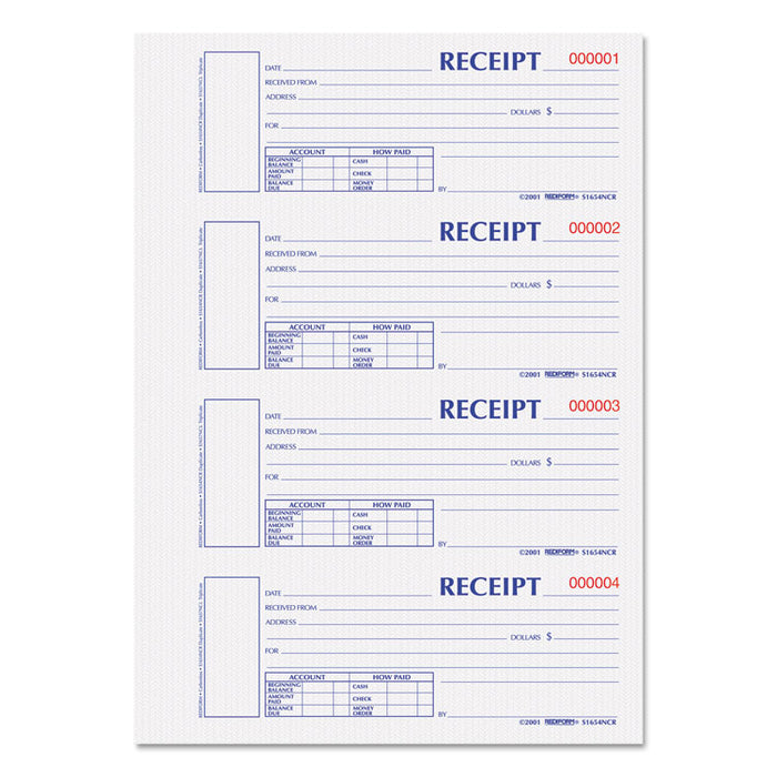 Durable Hardcover Numbered Money Receipt Book, Two-Part Carbonless, 6.88 x 2.75, 4 Forms/Sheet, 300 Forms Total