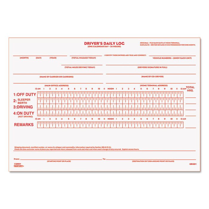 Driver's Daily Log Book with Daily Record and Hours Summary, Two-Part Carbonless, 7.88 x 5.5, 31 Forms Total