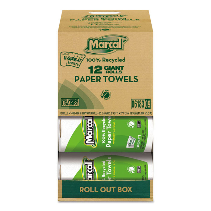 100% Premium Recycled Kitchen Roll Towels, Roll Out Box, 2 Ply, 11 x 5.5, White, 140 Sheets, 12 Rolls/Carton