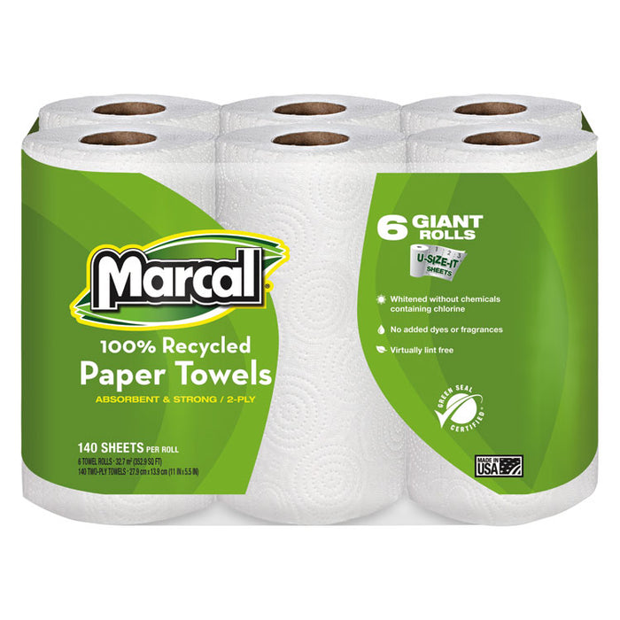 100% Premium Recycled Kitchen Roll Towels, 2 Ply, 11 x 5.5, White, 140/Roll, 24 Rolls/Carton