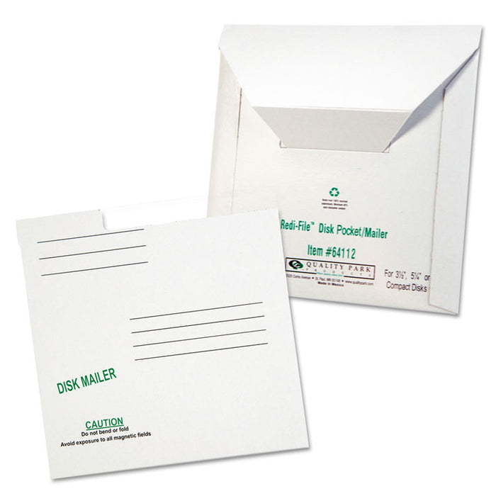 Redi-File Disk Pocket/Mailer for CDs/DVDs, Square Flap, Tuck-Tab Closure, 6 x 5.88, White, 10/Pack