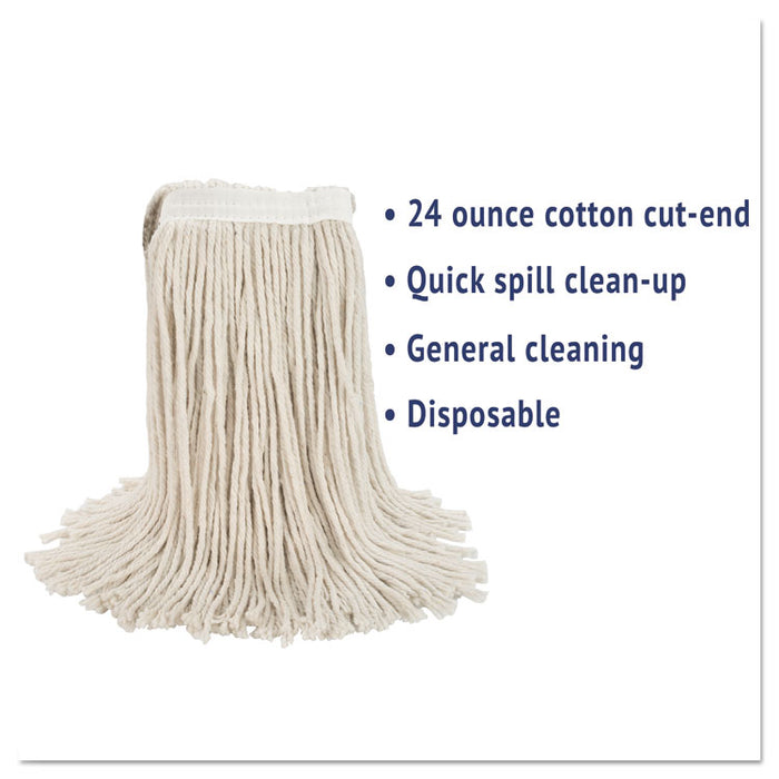 Premium Cut-End Wet Mop Heads, Cotton, 24 oz, White, 12/Carton